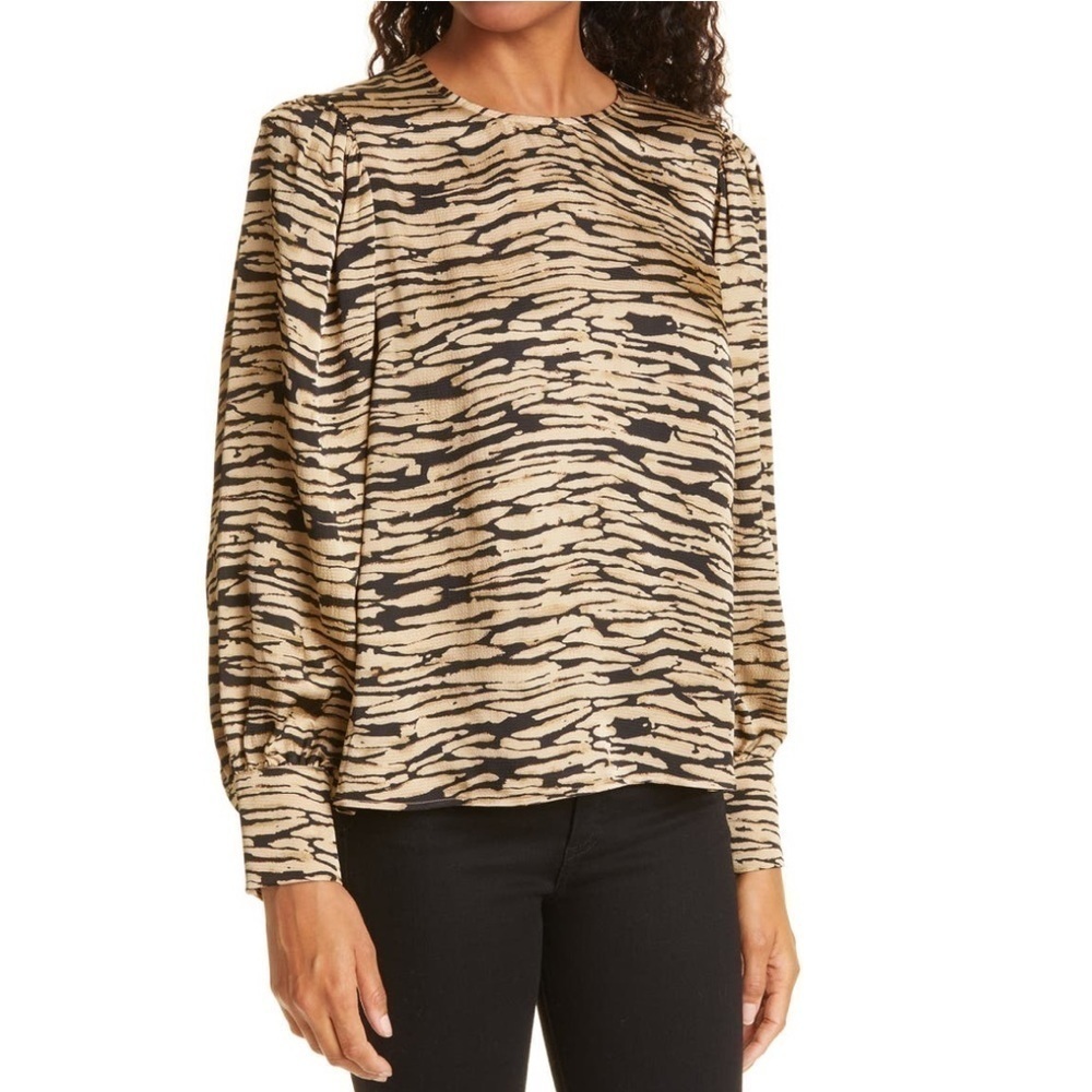 Rails Beige and Black Zebra-Stripe Long Sleeve Blouse